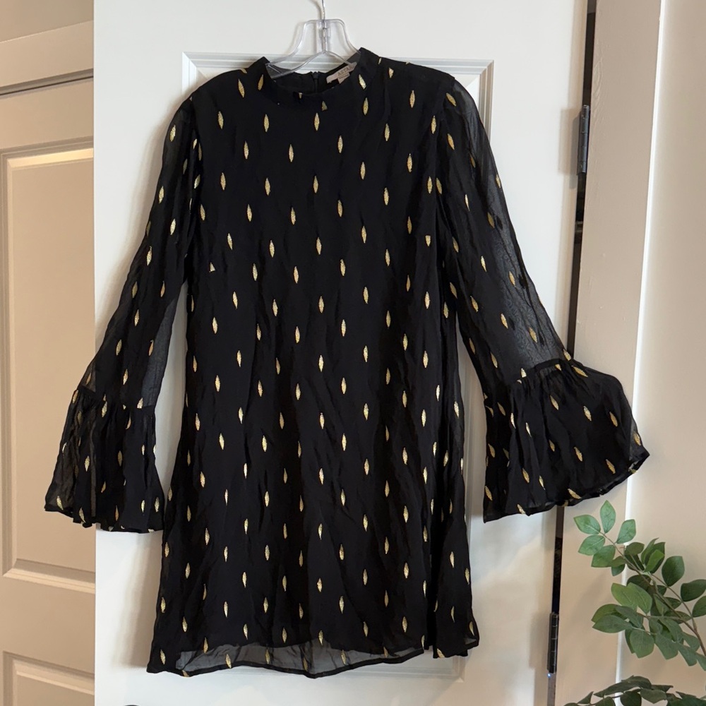 Astars Black Dress with Gold Leaf Pattern. Size S